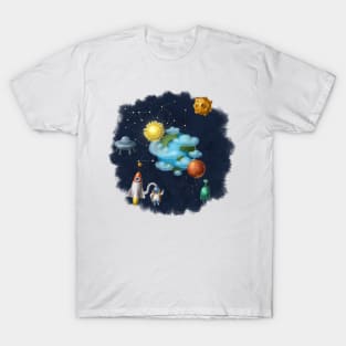 Outer space with aliens and astronaut. T-Shirt